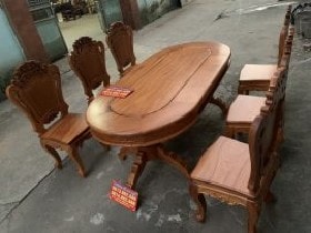 Bộ bàn ăn bầu dục 6 ghế gỗ gõ đỏ mặt ván 3cm (Chị Linh, Lạng Sơn) 7 Bộ bàn ăn gỗ Gõ đỏ 6 ghế mặt ván 3cm cao cấp