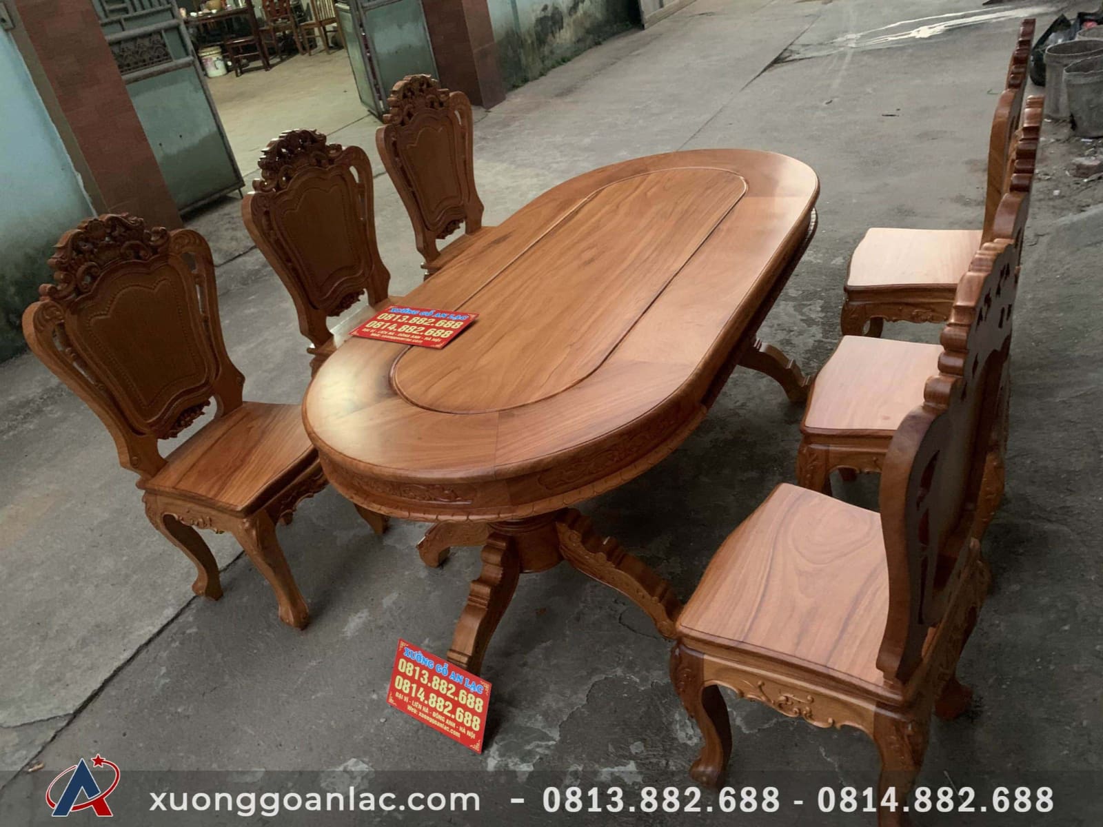 Bộ bàn ăn bầu dục 6 ghế gỗ gõ đỏ mặt ván 3cm (Chị Linh, Lạng Sơn) 16 Bộ bàn ăn gỗ Gõ đỏ 6 ghế mặt ván 3cm cao cấp