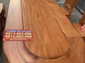 Bộ bàn ăn bầu dục 6 ghế gỗ gõ đỏ mặt ván 3cm (Chị Linh, Lạng Sơn) 8 Bàn ăn gỗ Gõ đỏ 6 ghế mặt ván 3cm