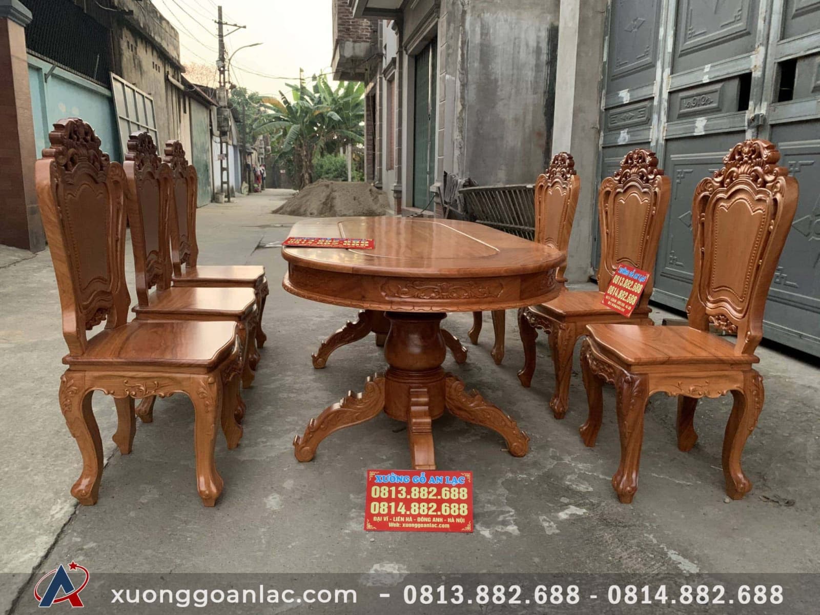 Bộ bàn ăn bầu dục 6 ghế gỗ gõ đỏ mặt ván 3cm (Chị Linh, Lạng Sơn) 12 Bộ bàn ăn gỗ Gõ đỏ 6 ghế mặt ván 3cm