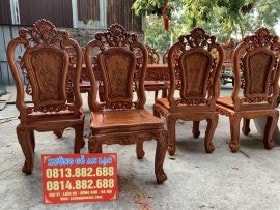 Bộ bàn ăn hoa Hồng đục 2 mặt gỗ Hương đá cao cấp 7 Ghế ăn hoa Hồng đục 2 mặt gỗ Hương đá cao cấp