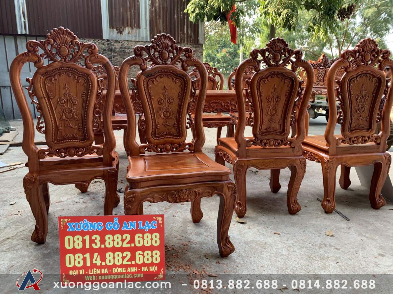 Bộ bàn ăn hoa Hồng đục 2 mặt gỗ Hương đá cao cấp 16 Ghế ăn hoa Hồng đục 2 mặt gỗ Hương đá cao cấp