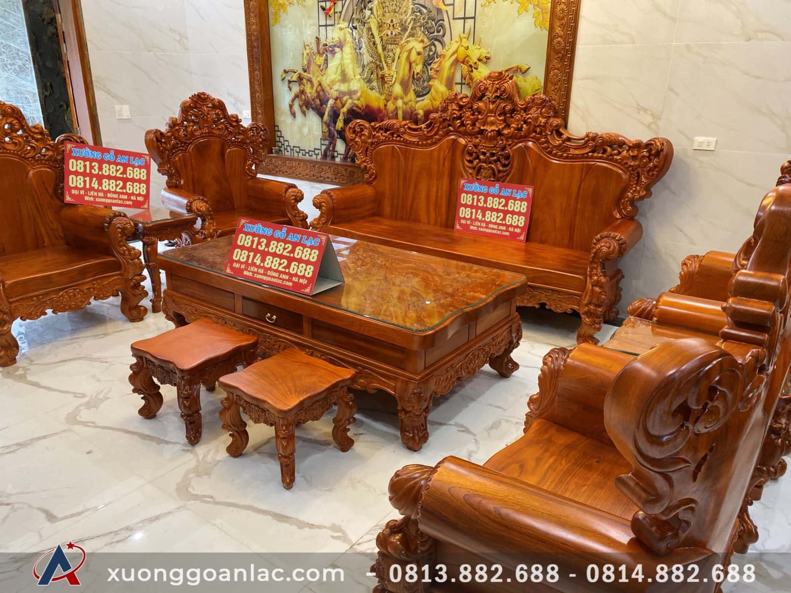 Kinh nghiệm lựa chọn bàn ghế phòng khách phù hợp với nhu cầu 4 Bộ hoàng gia nguyên khối gõ đỏ cỡ đại 2m6 10 món