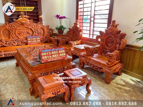 Bộ Bàn Ghế Rồng Đỉnh Gỗ Gõ Đỏ gồm 12 món