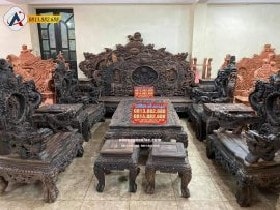 Bộ Bàn Ghế Rồng Đỉnh Gỗ Mun Hoa Lào gồm 12 Món