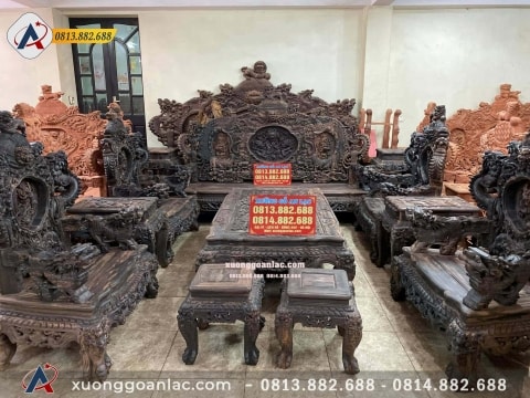 Bộ Bàn Ghế Rồng Đỉnh Gỗ Mun Hoa Lào gồm 12 Món