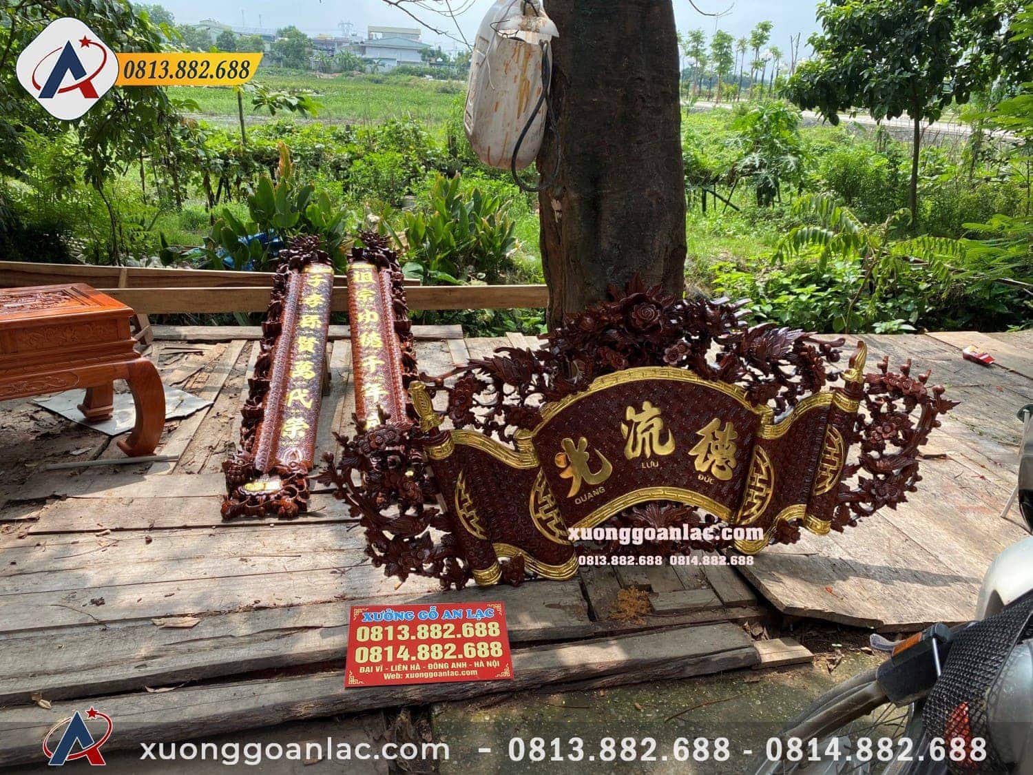 Câu Đối Cuốn Thư gỗ gụ 4cm mẫu Long Hóa 8 Bộ câu đối cuồn thư đang chờ lắp đặt