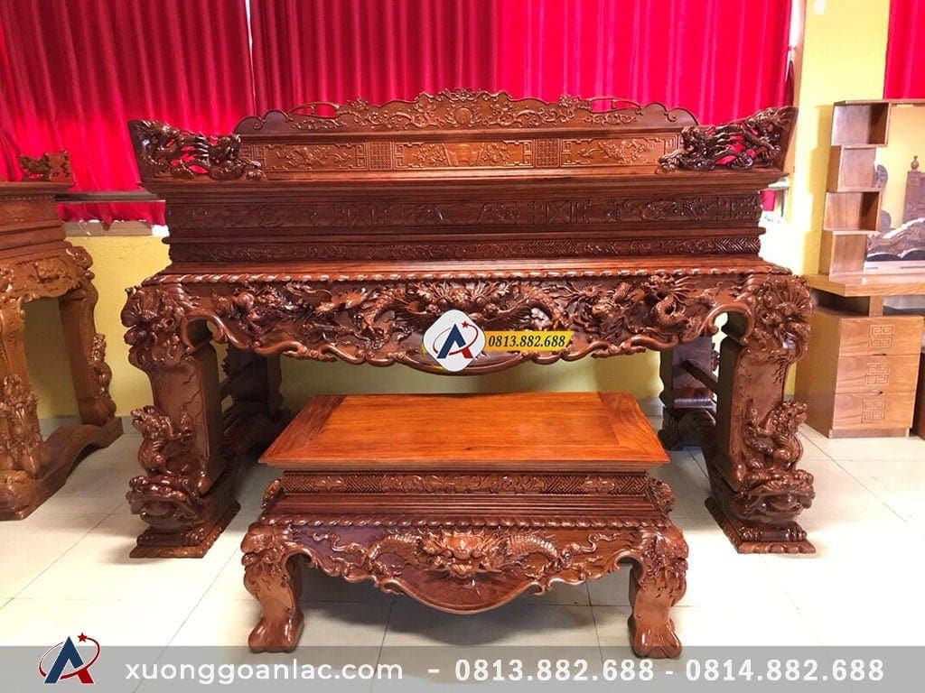 Sập thờ tứ linh gỗ hương đỏ Lào chân 24cm siêu vip 19 Sập thờ tứ linh gỗ hương đỏ Lào kê đủ bộ