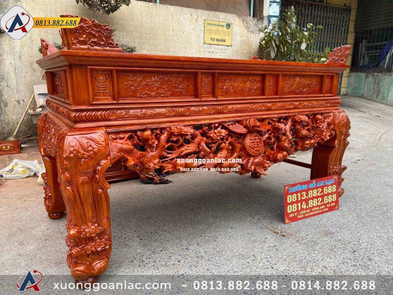 Sập Thờ Mai Điểu chân 22 gỗ gõ màu Cánh Gián 2m17 2 Góc trái Sập Thờ Mai Điển chân 22 gỗ gõ màu Cánh Gián