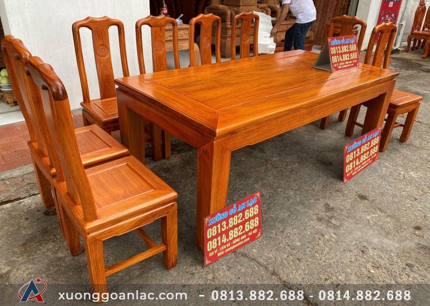 Bộ bàn ăn chữ nhật 8 ghế chữ thọ gỗ gõ hàng dày vip 8 Bộ bàn ăn chữ thọ gỗ gõ