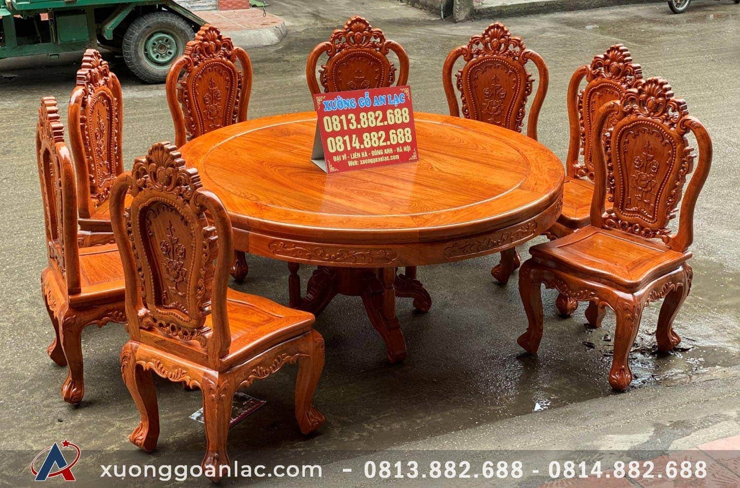 Bộ bàn ăn tròn 8 ghế gỗ hương đá sang trọng 6 Bàn ghế ăn hoa hồng cao cấp