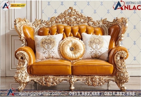 Bàn ghế hoàng gia tân cổ điển là gì, có những loại nào? 14 ghế đôi 200*105*140cm bằng gỗ Gõ Đỏ và da bò nhập khẩu từ ý