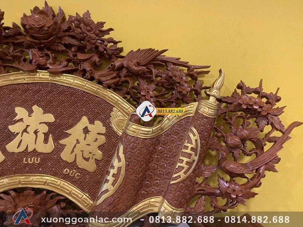Bộ hoành phi câu đối Lân Phụng Mai gỗ gõ đỏ 20 Phần chữ và viền trên cuốn thư và hoành phi đều được rát vàng