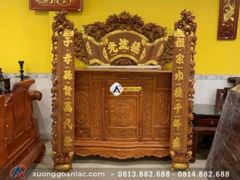 Bộ hoành phi câu đối lân phượng mai gỗ gõ đỏ cao cấp