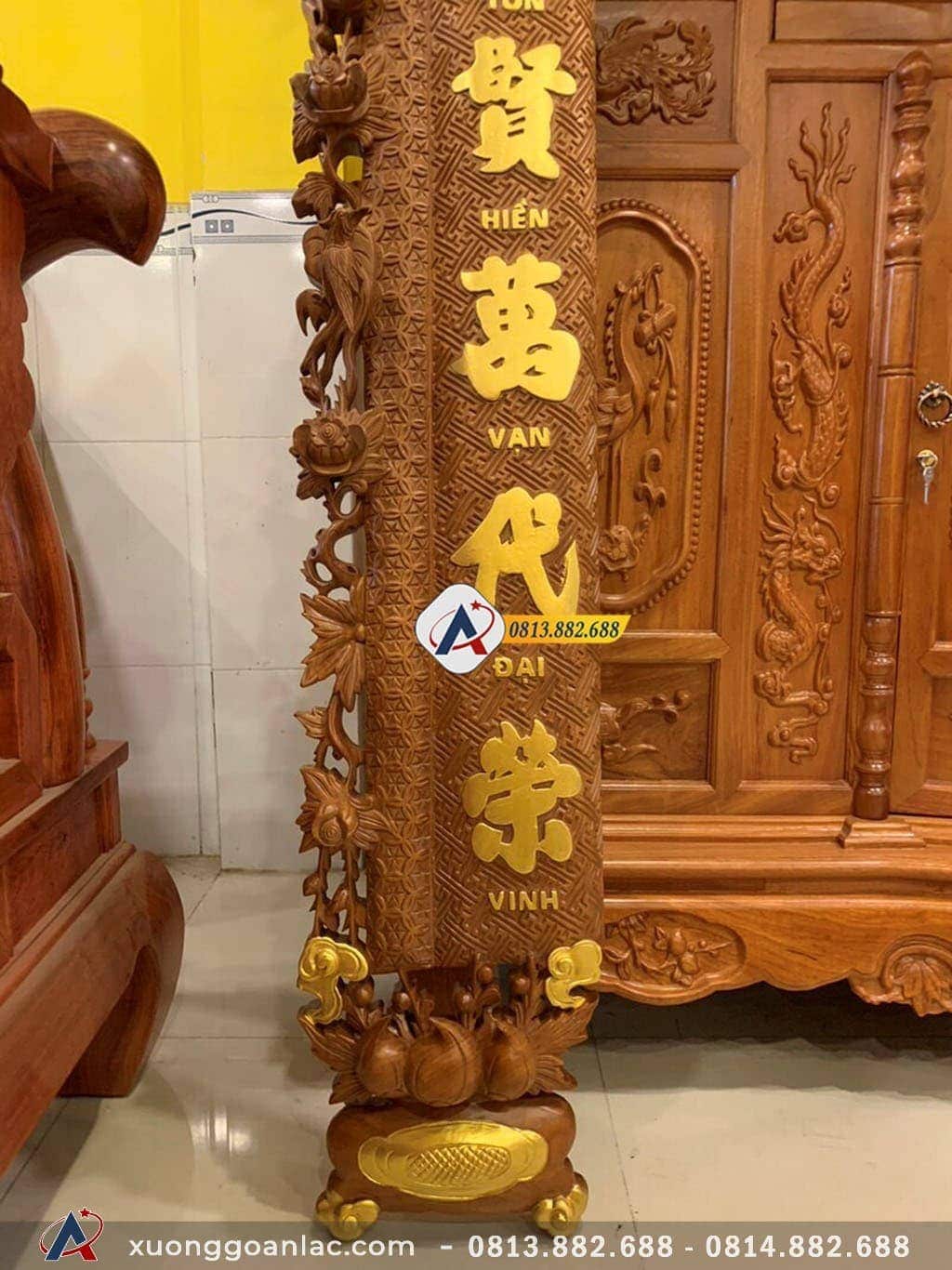 Bộ hoành phi câu đối Lân Phụng Mai gỗ gõ đỏ 25 chân câu đối