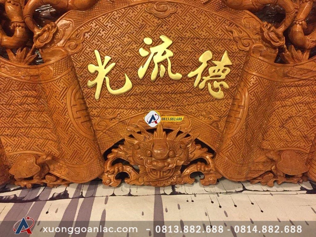 Cuốn thư rồng trúc gỗ gõ đỏ rộng 1m78 16 Đục chiện toàn bộ trên mặt cuốn thư
