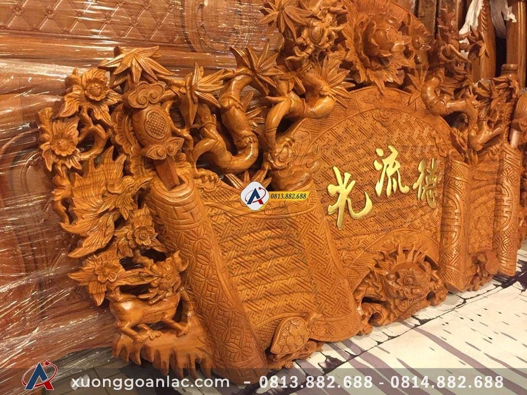 Cuốn thư rồng trúc gỗ gõ đỏ rộng 1m78 18 Họa tiết rồng và trúc cách điệu lông với nhau