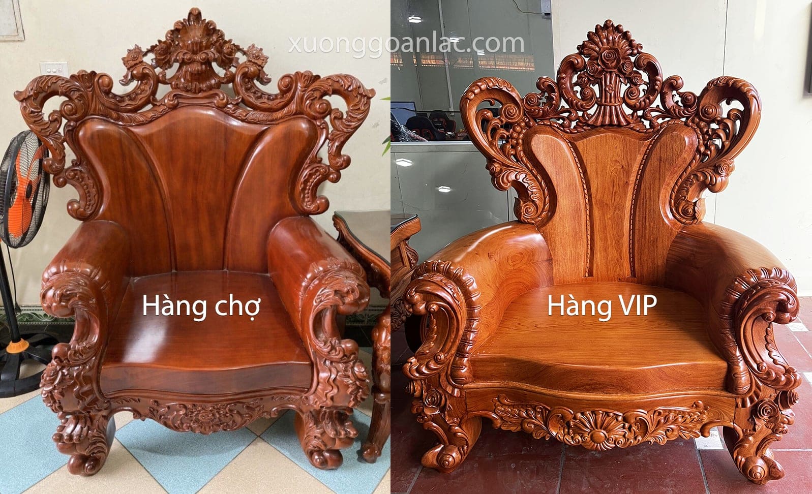 Cùng mẫu bàn ghế, cùng loại gỗ và kích thước sao giá bán khác nhau? 1 So sánh ghế Hoàng Gia VIP và hàng chợ giá rẻ