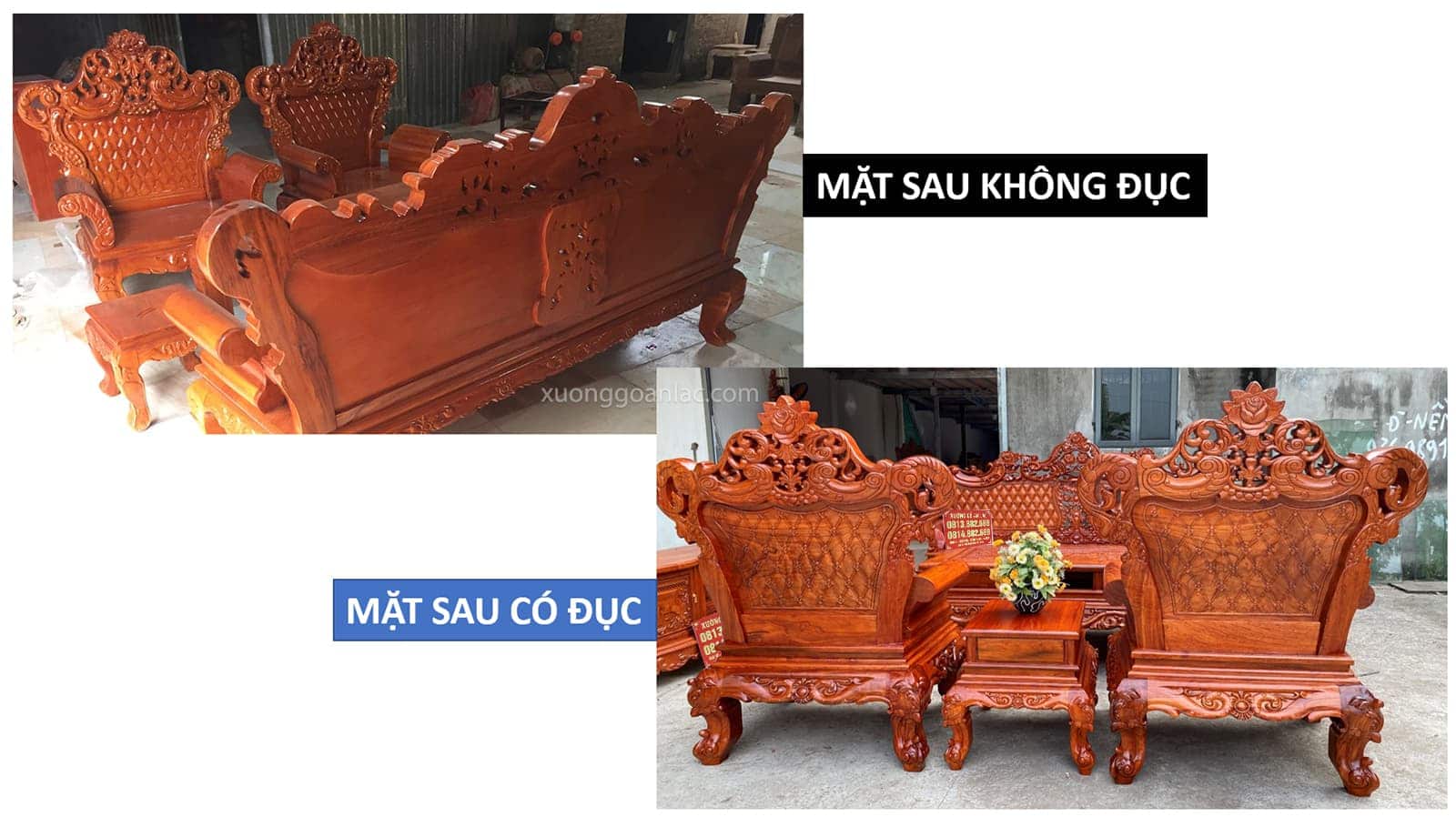 Cùng mẫu bàn ghế, cùng loại gỗ và kích thước sao giá bán khác nhau? 3 So sánh bàn ghế Hoàng Gia đục 2 mặt và đục 1 mặt