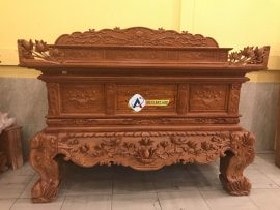 sập thờ hoa sen gỗ gõ đỏ chân 24cm