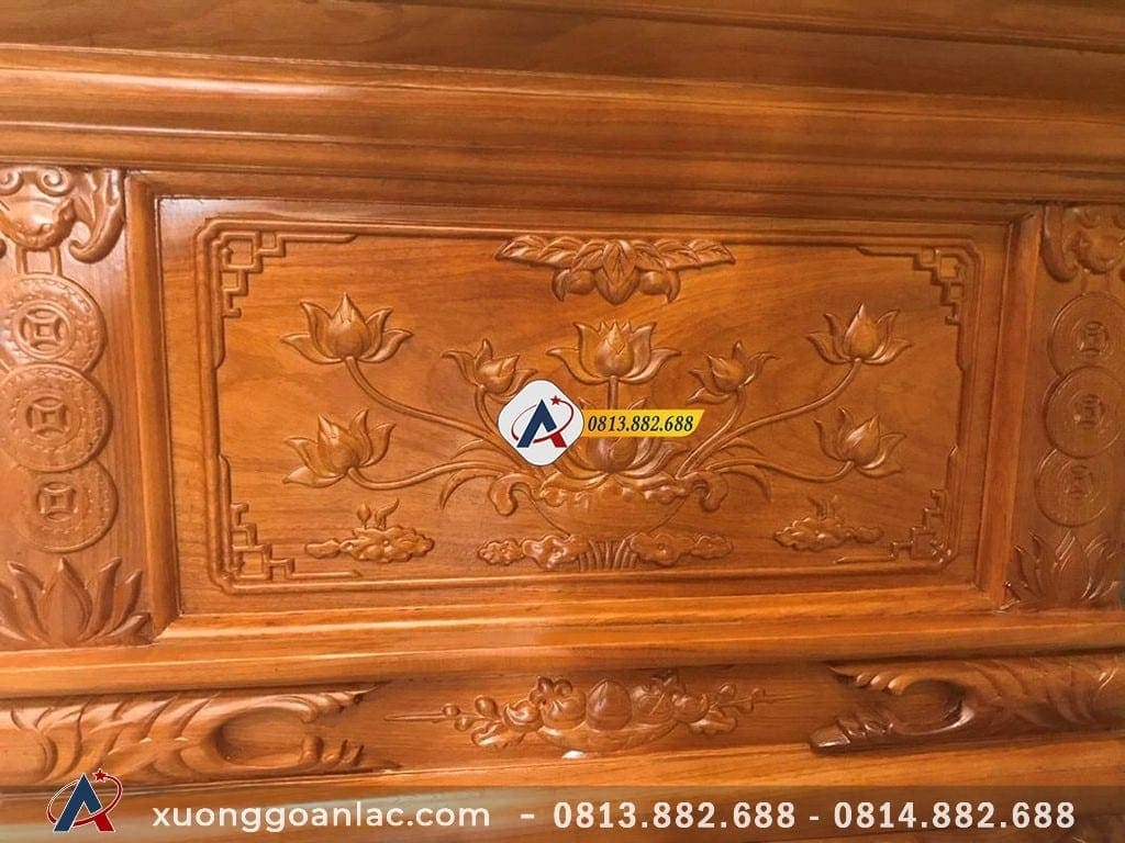 Sập thờ hoa sen gỗ gõ đỏ chân 24cm 24 Chi tiết mặt trước của sập thờ