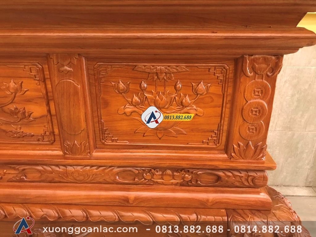 Sập thờ hoa sen gỗ gõ đỏ chân 24cm 25 Chi tiết mặt trước của sập thờ hoa sen