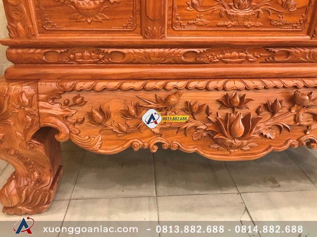 Sập thờ hoa sen gỗ gõ đỏ chân 24cm 29 Chi tiết dạ trước sập thờ