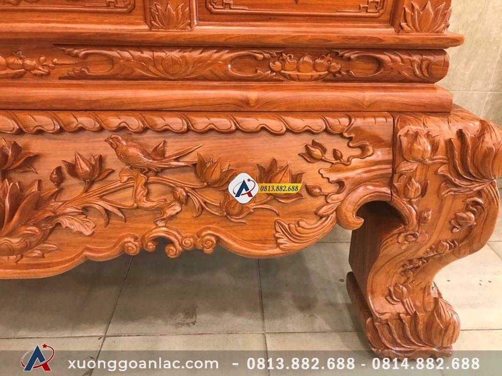 Sập thờ hoa sen gỗ gõ đỏ chân 24cm 30 Chi tiết mặt trước kèm chân sập thờ hoa sen