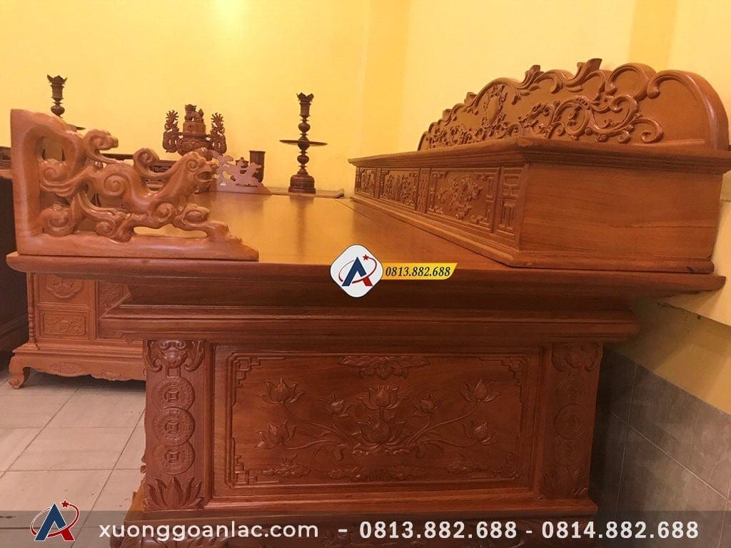 Sập thờ hoa sen gỗ gõ đỏ chân 24cm 26 Mặt sập thờ nhị cấp