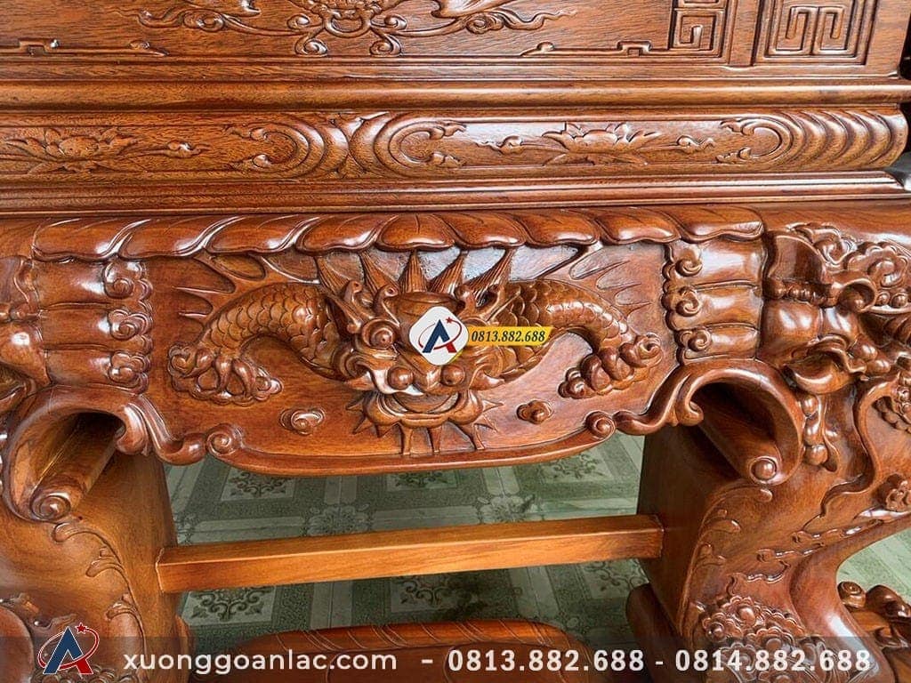 Sập thờ tứ linh gỗ gõ đỏ chân 26cm 31 Dạ mặt hồi của sập thờ cũng được điêu khắc hình đầu rồng sống động
