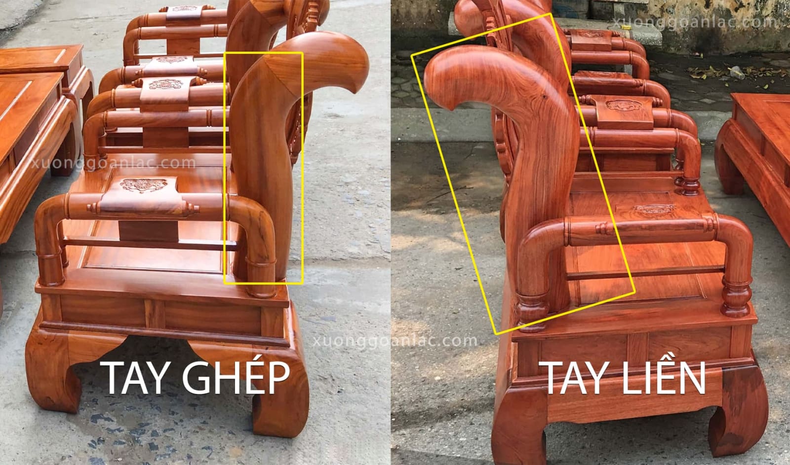 Cùng mẫu bàn ghế, cùng loại gỗ và kích thước sao giá bán khác nhau? 5 So sánh phần tay liền khối và tay chắp ghép trên mẫu ghế Tần Thủy Hoàng