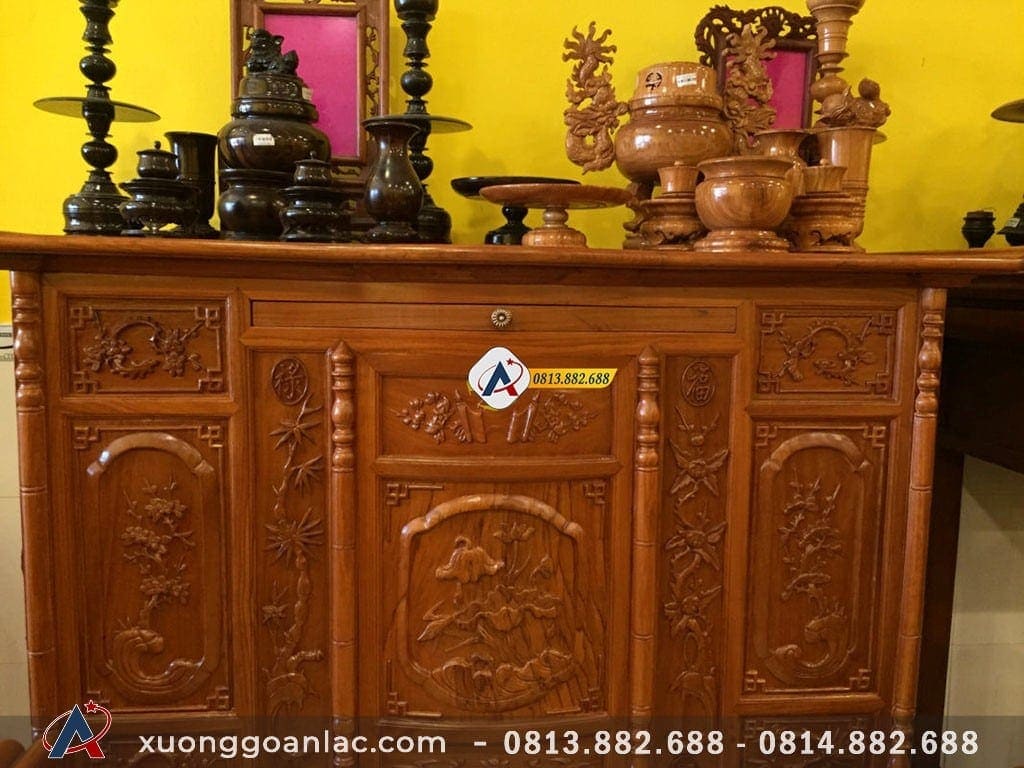 Tủ thờ hoa sen gỗ gõ đỏ cao cấp 15 Họa tiết chạm khắc hoa sen