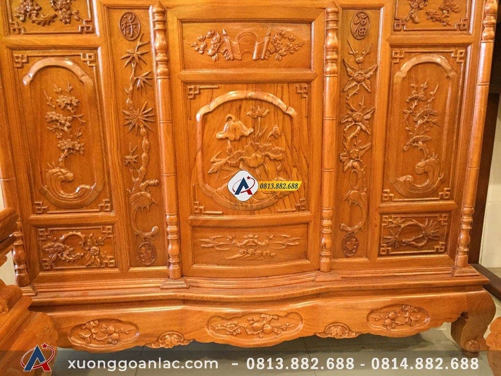 Tủ thờ hoa sen gỗ gõ đỏ cao cấp 18 Chất liệu gỗ gõ đỏ cao cấp, hoàn thiện sơn PU bóng giữ màu tự nhiên