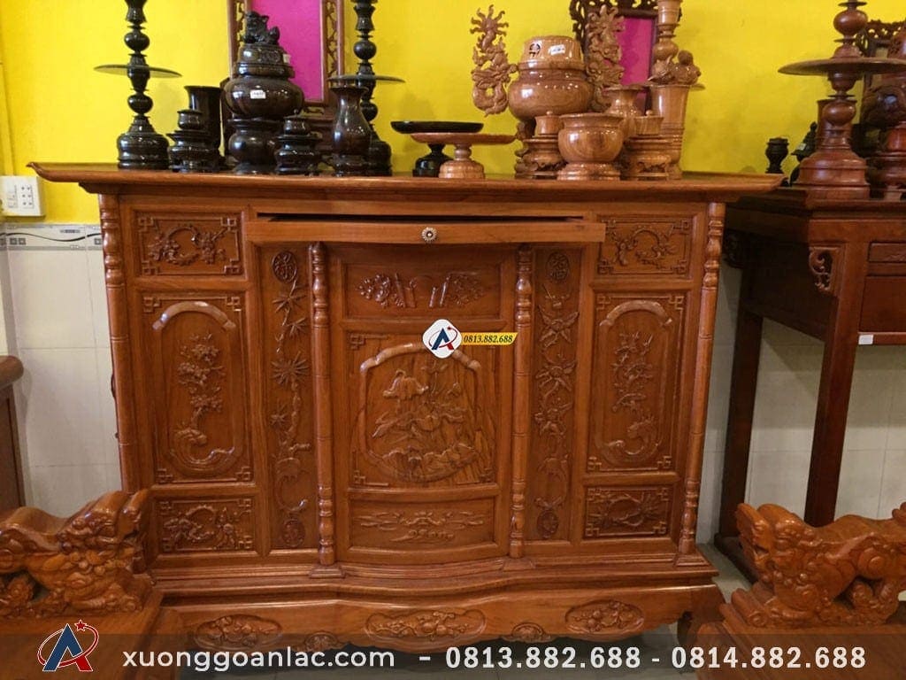 Tủ thờ hoa sen gỗ gõ đỏ cao cấp 16 Tủ thờ có ngăn kéo để bầy đồ thắp hương