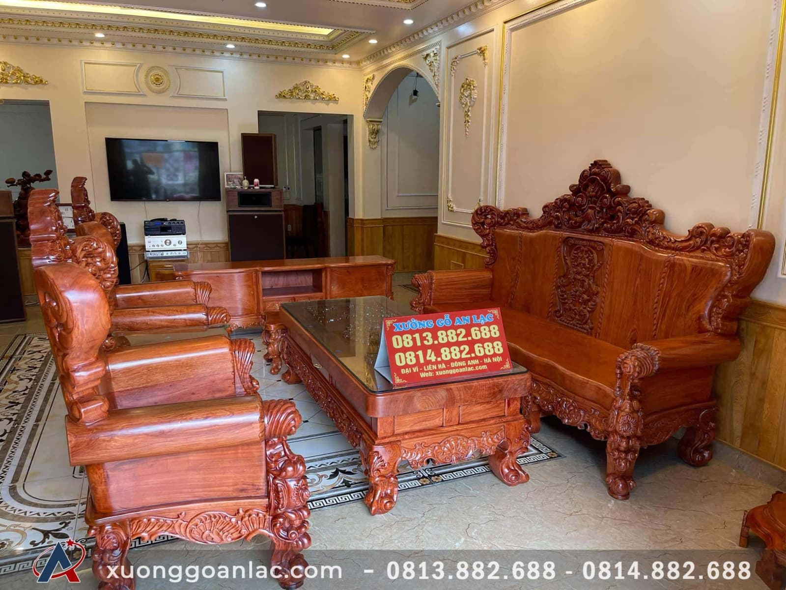 Kinh nghiệm lựa chọn bàn ghế phòng khách phù hợp với nhu cầu 3 Bộ bàn ghế hoàng gia nguyên khối gỗ Hương Đá siêu víp 6 món