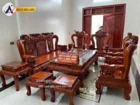 Đoản dài Bộ Bàn Ghế Quốc Voi Tay 14 Gỗ Hương Đá gồm 10 món