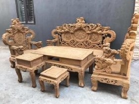 Bộ quốc nghê phong thủy gỗ cẩm vàng đục