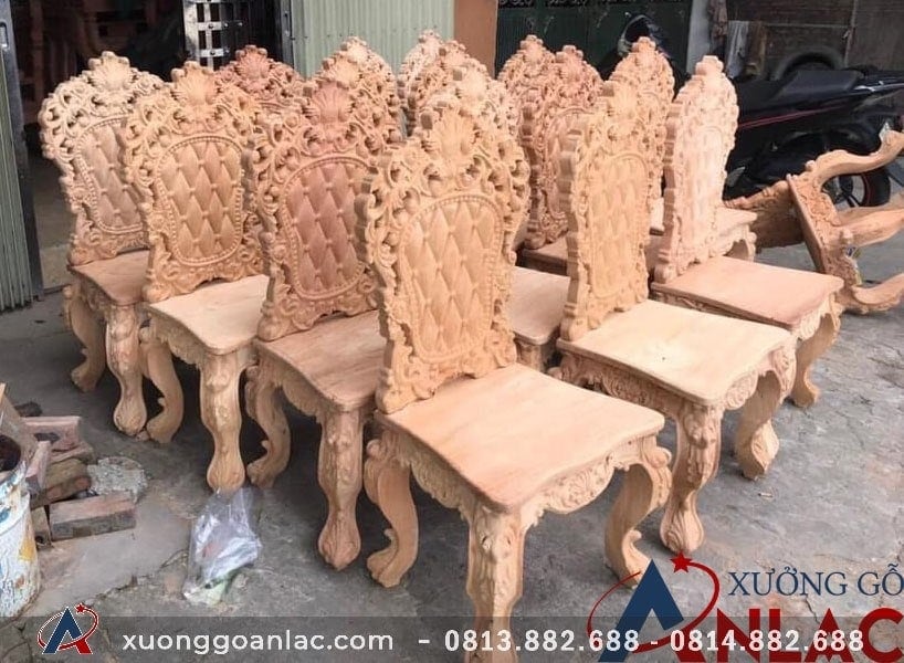 Ghế ăn Hoàng gia louis tựa phẳng vách trám 5 Ghế ăn hoàng gia louis giả da để mộc