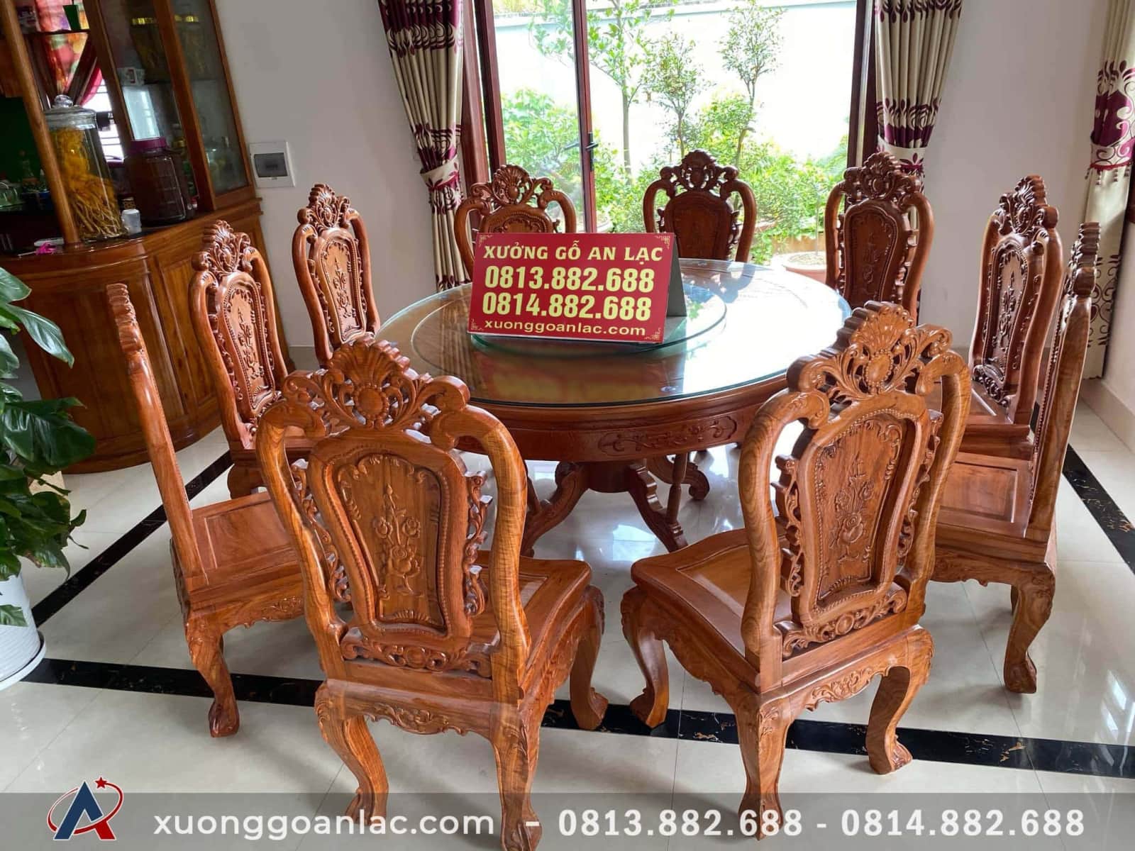 Bộ bàn ghế ăn 10 ghế Hồng Hạc gỗ Hương đá (Bác Thắng, Vĩnh Phúc) 4 Bàn ăn tròn gỗ hương đá