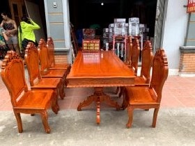 Bộ Bàn Ghế Ăn Gỗ Gõ Đỏ Mẫu Đục Hoa Lá Tây Đơn Giản
