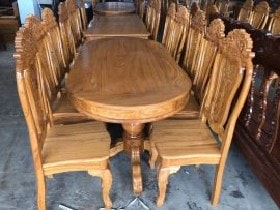 Bàn ăn 8 ghế gỗ Gõ Đỏ vách Lá Tây mặt tràn bầu dục - cô Oanh (Hà Nội) 5 Bàn ghế ăn KT 1m8x90cm, chân trụ đôi kiểu dáng 3 kiềng vững chãi
