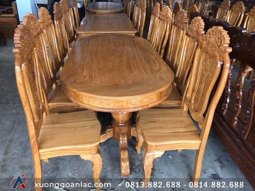 Bàn ăn 8 ghế gỗ Gõ Đỏ vách Lá Tây mặt tràn bầu dục - cô Oanh (Hà Nội) 8 Bàn ghế ăn KT 1m8x90cm, chân trụ đôi kiểu dáng 3 kiềng vững chãi