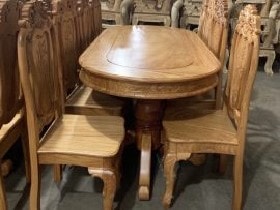 Bàn ăn 8 ghế gỗ Gõ Đỏ vách Lá Tây mặt tràn bầu dục - cô Oanh (Hà Nội) 4 Bộ bàn ghế ăn 100% gỗ kate nguyên khối, không chắp ghép, lựa gỗ tốt vân đẹp