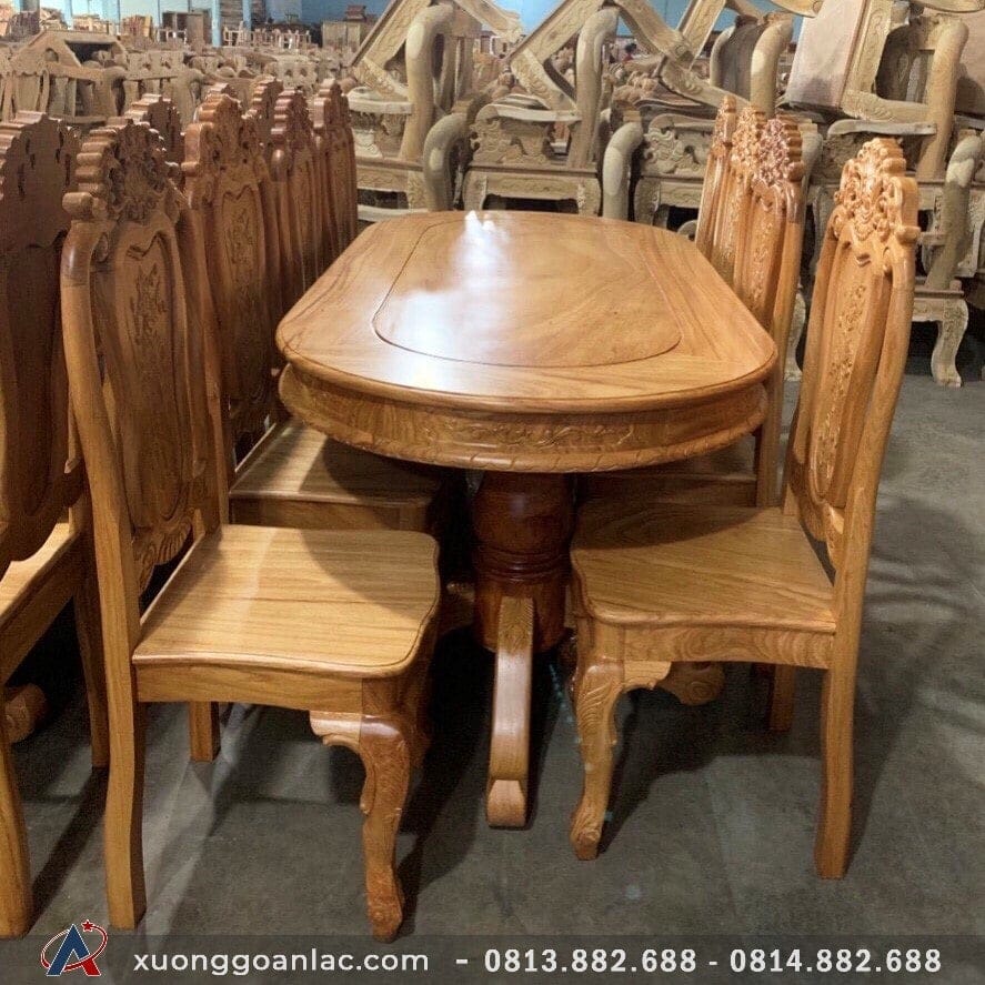 Bàn ăn 8 ghế gỗ Gõ Đỏ vách Lá Tây mặt tràn bầu dục - cô Oanh (Hà Nội) 2 Bộ bàn ghế ăn 100% gỗ kate nguyên khối, không chắp ghép, lựa gỗ tốt vân đẹp