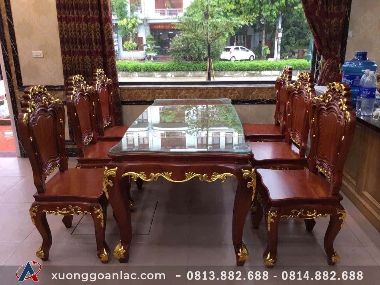 Bộ bàn ăn louis gõ đỏ dát vàng 6 ghế (chị Hoa ở Hà Giang) 21 Bộ bàn ăn gỗ gõ đỏ dát vàng 6 ghế louis không tay