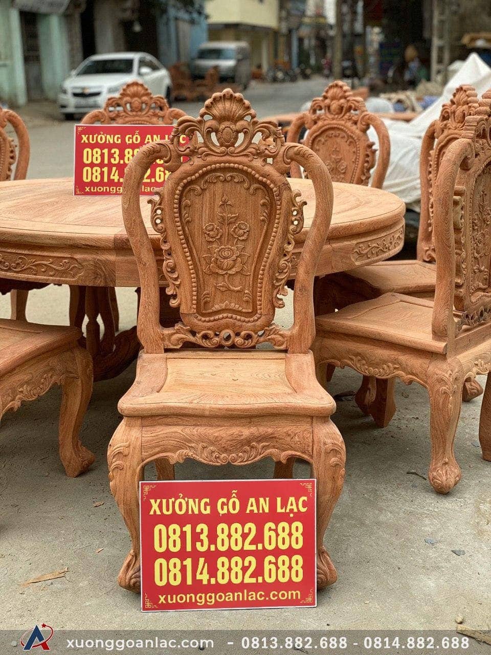 Bộ bàn ăn tròn 8 ghế hồng hạt gỗ hương đá đục 2 mặt (Anh Tuấn, Đà Nẵng) 13 Ghế hồng hạt khuôn 4 ván 2 gỗ hương đá