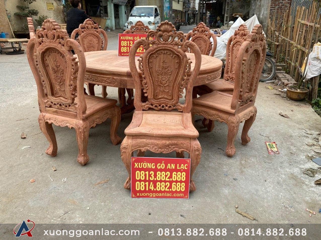 Bộ bàn ăn tròn 8 ghế hồng hạt gỗ hương đá đục 2 mặt (Anh Tuấn, Đà Nẵng) 12 bàn ăn gỗ hương đá 8 ghế
