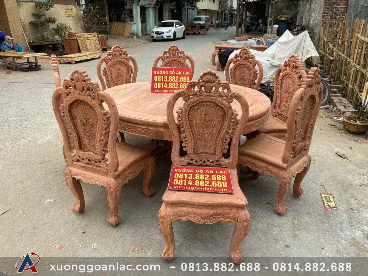 Bộ bàn ăn tròn 8 ghế hồng hạt gỗ hương đá đục 2 mặt (Anh Tuấn, Đà Nẵng) 11 bàn ăn tròn gỗ hương đá vip