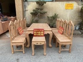 Bộ Bàn Ăn Đục 2 Mặt Mẫu Hoa Hồng 10 Ghế Gỗ Gõ Đỏ - Chú Sáng, Ninh Bình