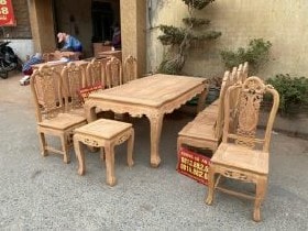 Bộ bàn ăn 10 ghế gỗ Gõ Đỏ đục 2 mặt mẫu Louis Hoa Hồng (Chú Sáng, Ninh Bình) 7 bàn ăn gỗ gõ đỏ tự nhiên